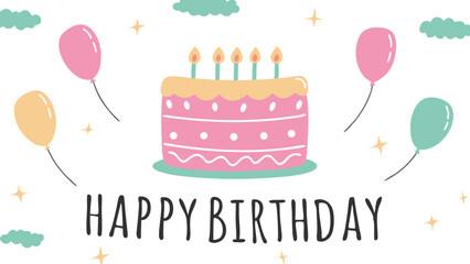 Illustration of a happy birthday greeting card with cake balloons and stars on a white background design vector