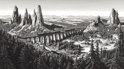 A train crosses a high mountain viaduct through a forested landscape.