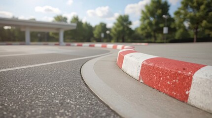 Red and white curb, No parking zone, Raised curb, Curved view, Highway, Diagonal road, Wide road, Lane divider, Parking lot, Sidewalk, Pavement, Waiting area, Traffic, Practice parking, Driver's licen