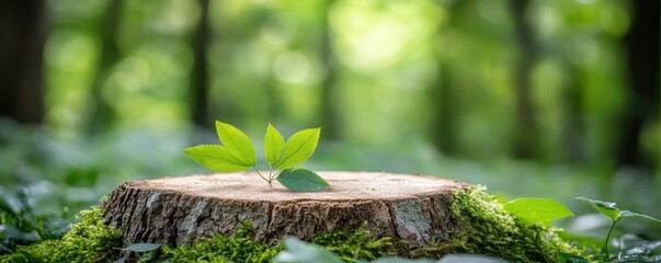 Tree sprout growth on weathered wood stump in forest environment