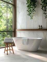 Modern bathroom design with freestanding bathtub and marble walls