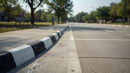 Red and white curb, No parking zone, Raised curb, Curved view, Highway, Diagonal road, Wide road, Lane divider, Parking lot, Sidewalk, Pavement, Waiting area, Traffic, Practice parking, Driver's licen