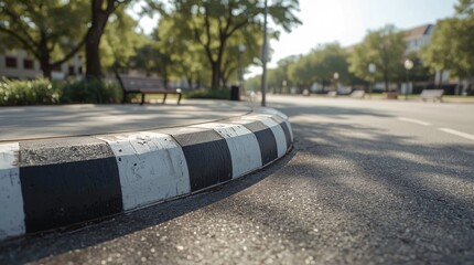Red and white curb, No parking zone, Raised curb, Curved view, Highway, Diagonal road, Wide road, Lane divider, Parking lot, Sidewalk, Pavement, Waiting area, Traffic, Practice parking, Driver's licen