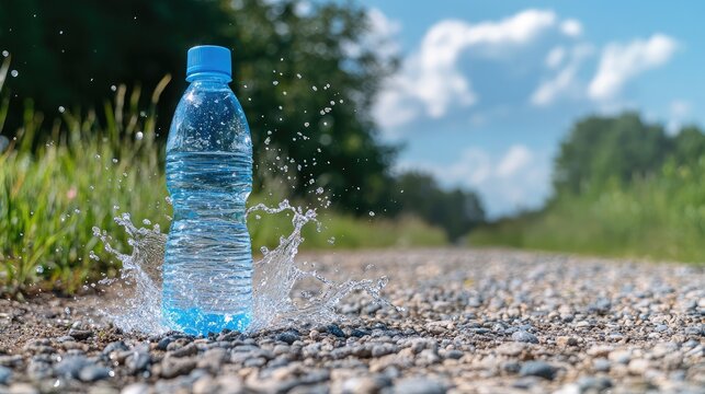Water bottle mid-splash as it's dropped beside a gravel path in a rural open field