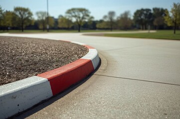 Red and white curb, No parking zone, Raised curb, Curved view, Highway, Diagonal road, Wide road, Lane divider, Parking lot, Sidewalk, Pavement, Waiting area, Traffic, Practice parking, Driver's licen