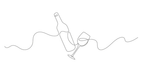  Continuous line drawing of wine bottle with wineglass. Minimal linear sketch of alcoholic drink in simple doodle style. Perfect for bar, menu, winery or packaging design.