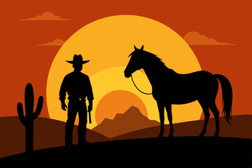 Naklejka premium Western cowboy on horseback silhouette against a fiery desert sunset