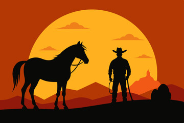 Desert sunset with silhouettes of camel and horse