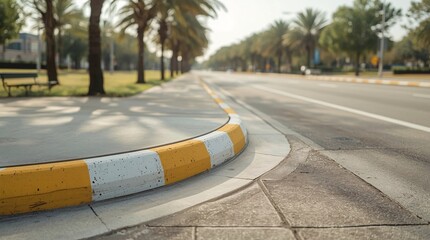 Red and white curb, No parking zone, Raised curb, Curved view, Highway, Diagonal road, Wide road, Lane divider, Parking lot, Sidewalk, Pavement, Waiting area, Traffic, Practice parking, Driver's licen