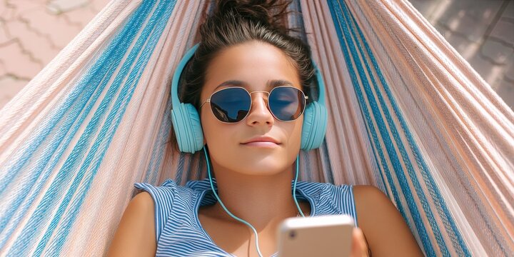 woman, dynamic angle lounging in hammock with headphones, sunglasses and smartphone