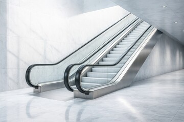 Pair of escalators are in a large, empty building