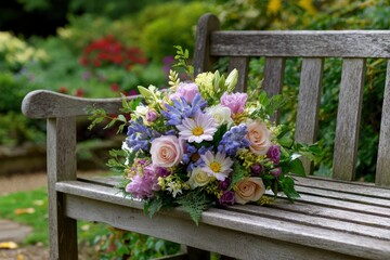 Bouquet of roses daisies and larkspur rests on a weathered wooden park bench in a garden