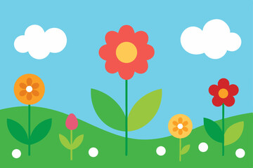 Fototapeta premium Floral vector illustration of spring and summer flowers with butterflies flying in a garden