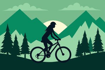 A solitary mountain biker is silhouetted against a vibrant sunset sky during an adventurous cycling activity on the mountain