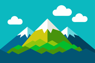 Mountain landscape vector illustration of nature, sky, sun, snow, and clouds