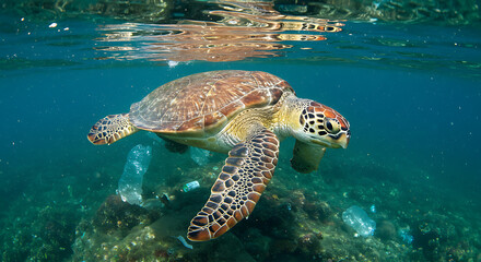 Obraz premium Sea Turtle Swimming Amidst Ocean Plastic Pollution A Critical Environmental Issue
