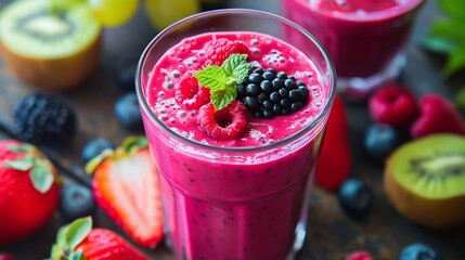 Vibrant berry smoothie with fresh fruit toppings