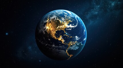 Obraz premium Earth seen from space, lit by city lights, with stars in the background
