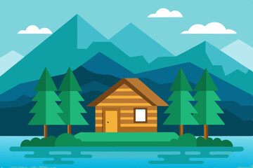 Mountain house winter landscape vector illustration with snow, trees, and cozy cabin scene