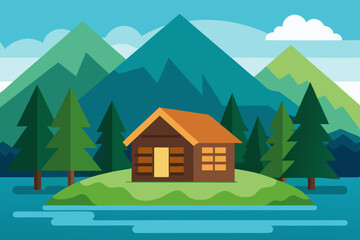 Cozy cartoon cottage in a mountain landscape with trees and a clear sky, perfect for a peaceful country home illustration