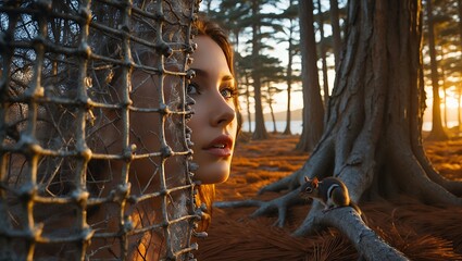Woman looking through mesh in forest with squirrel at sunset