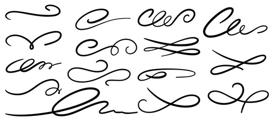 Flourish calligraphy swirl set in line art style. Elegant dividers, underlines, scrolls and accents for wedding fonts, vintage labels or decorative designs. Vector illustration.
