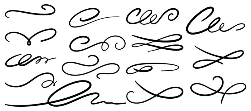 Flourish calligraphy swirl set in line art style. Elegant dividers, underlines, scrolls and accents for wedding fonts, vintage labels or decorative designs. Vector illustration.