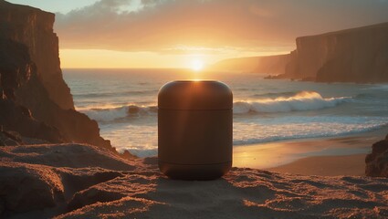 Container on sandy beach at sunset with ocean waves crashing