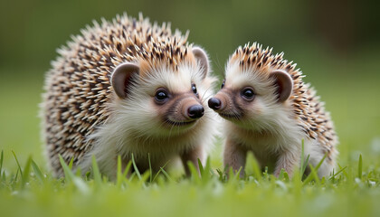 Fototapeta premium Adult hedgehog and baby hedgehog cuddling on green grass 