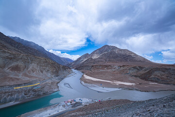 The confluence of the Indus and Zanskar rivers has two different colors of water between Kargil and...