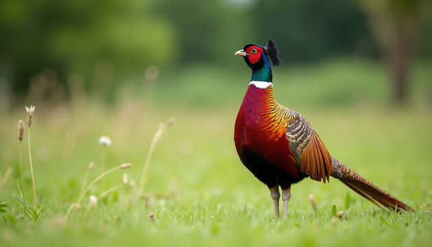 Majestic pheasant standing proudly in green meadow during summer - Powered by Adobe