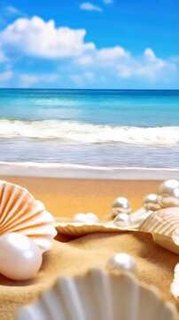 Elegant shiny pearl displayed inside a delicate seashell resting on a sandy beach with turquoise ocean and blue sky backdrop.