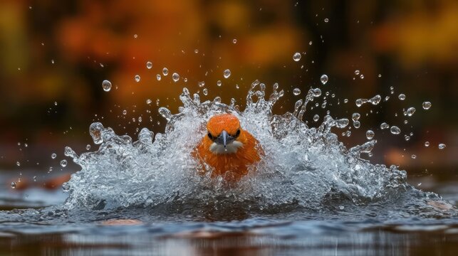 Orange bird splashes in shallow water