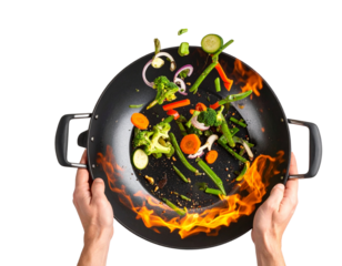 Chef Mid-Action Stir-Frying with Flaming Wok, Front-Facing Presentation Style, transparent background png
