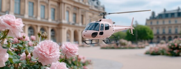 A pink helicopter glides over vibrant streets, with rose petals cascading and peonies blooming, enhancing the charm