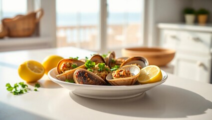 baked stuffed clams seaside kitchen ceramic dish chopped parsley lemon halves bright scene
