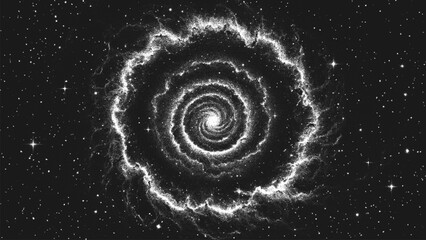 Cosmic supernova explosion forming a new galaxy in deep space with swirling dust and gas clouds forming a spiral nebula. Starburst nebula in stippling style. Dotwork. Pointillism. Dots shading. Vector