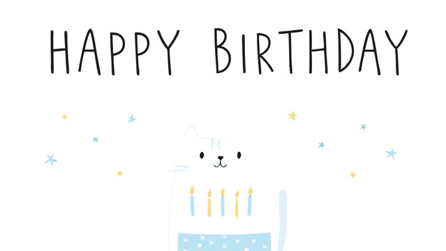 Happy birthday card with a cute white cat behind a cake with candles and stars scattered around it design