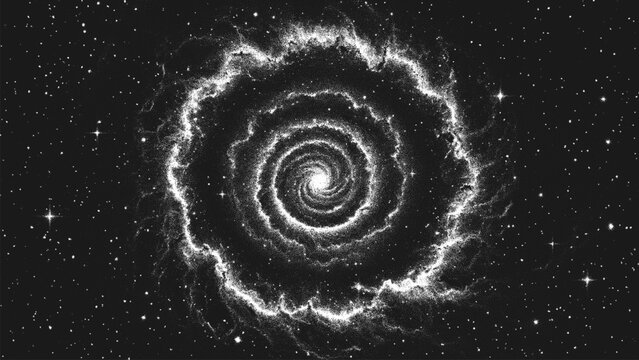 Cosmic supernova explosion forming a new galaxy in deep space with swirling dust and gas clouds forming a spiral nebula. Starburst nebula in stippling style. Dotwork. Pointillism. Dots shading. Vector