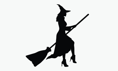 witch silhouette icon, halloween broom vector, spooky witch hat design