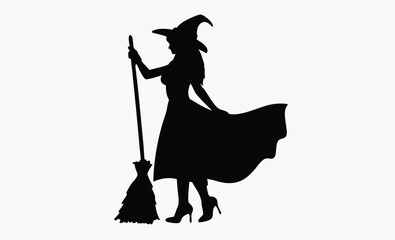 witch silhouette icon, halloween broom vector, spooky witch hat design