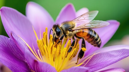 Detailed capture of a bee's body texture while feeding on nectar from a lily