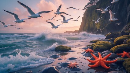 Seagulls soaring over ocean waves with starfish on rocky beach