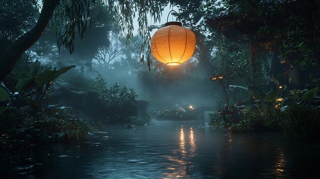 Glowing lantern floating through a misty forest lighting up the shadows cinematic magical night