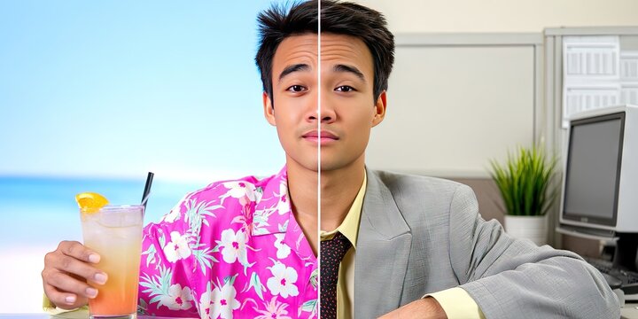 split screen photo of asian american man divided in half. on the left he is on vacation on a beach in hawaiian shirt with cocktail. on the right he is in corporate business suit in office cubicle 