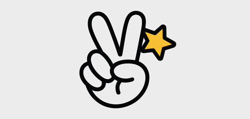 Cartoon Hand Gesture Two Fingers Peace Sign with Star