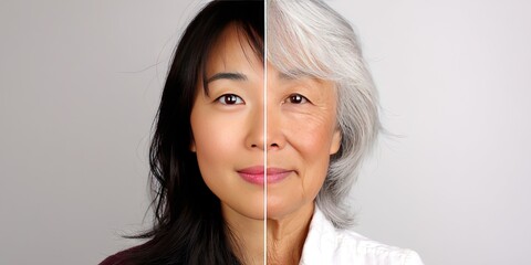 split screen photo of asian american woman divided in half. on the left she is young. on the right she is old 