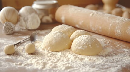 Kitchen counter with fresh dough being rolled out and mini utensils lying next to full-sized ones