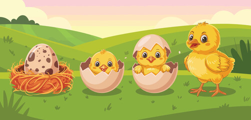 Adorable Baby Chicks Hatching from Eggs in Spring Meadow