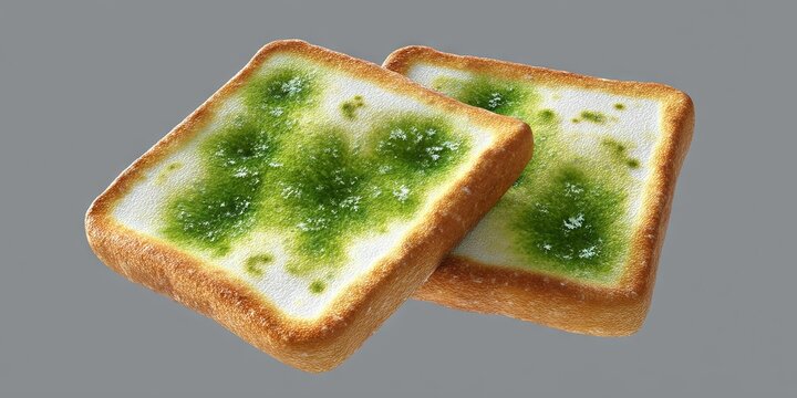 bread with squishy edges, fuzzy green mold spots,